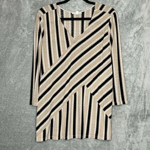 Dana Buchman XXL 2X Shirt Top Brown Black Striped 3/4 Sleeve V Neck Stretch